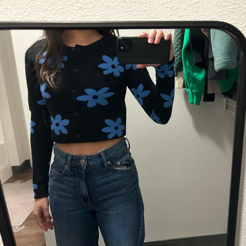Forever 21 Black Sweater with blue floral accents